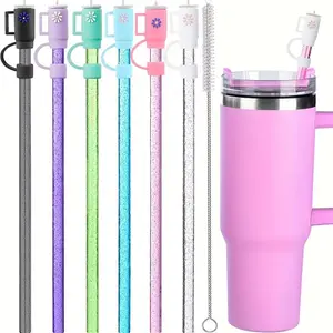 Reusable Straw Set with Lids – Durable Plastic Straws for 20oz, 30oz, 40oz Tumblers, Includes Cleaning Brush, Eco-Friendly Kitchen Drinkware