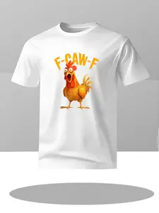 Men's Summer Short Sleeve T-Shirt, Cartoon Rooster Print, F-Caw-F Letter Design, Round Neck, Casual Long T-Shirt, Geometric Pattern