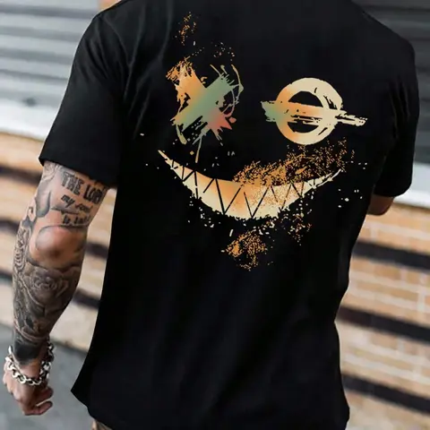 Men's Smile Face Print Round Neck Trendy Summer Tee, Regular Fit Casual Short Sleeve T-shirt, Men's Summer Top for Daily Wear