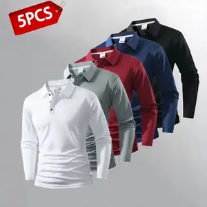 5-Piece Men's Business Casual Slim Fit Long Sleeve Polo Shirt, Variety of Colors, Solid Color Button Collar Design, Suitable For Daily Wear And Business Office Spring