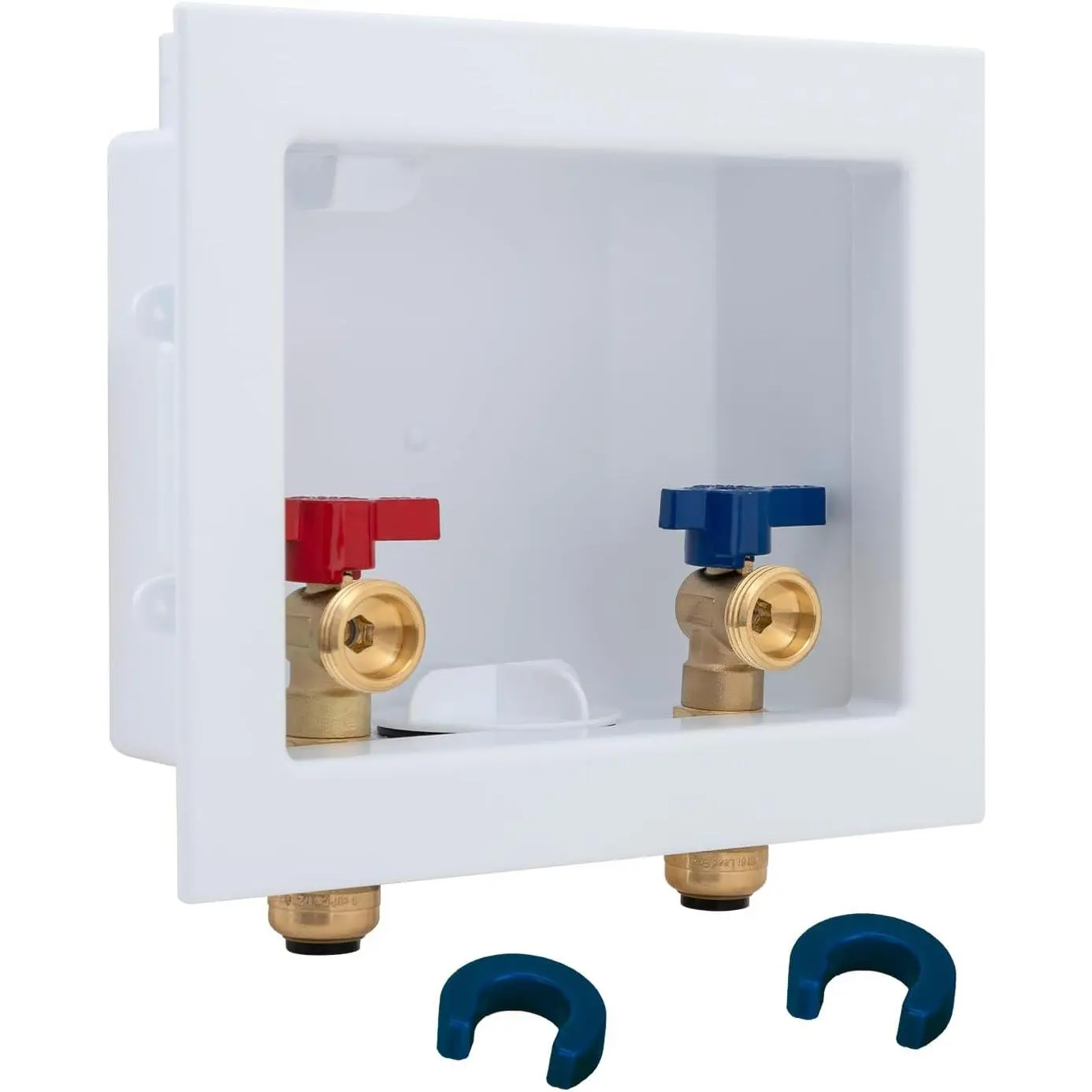 Solid Brass Push-Fit Laundry Washer Valve Box - American Standards, 1/2 in Push-Fit Inlet (1/2 inch PEX, Copper, CPVC Compatible) x 3/4 in MHT Outlet, Quarter-Turn Plumbing Valve Box with Center Drain, 2 Disconnect Clips, Easy Installation, Upc
