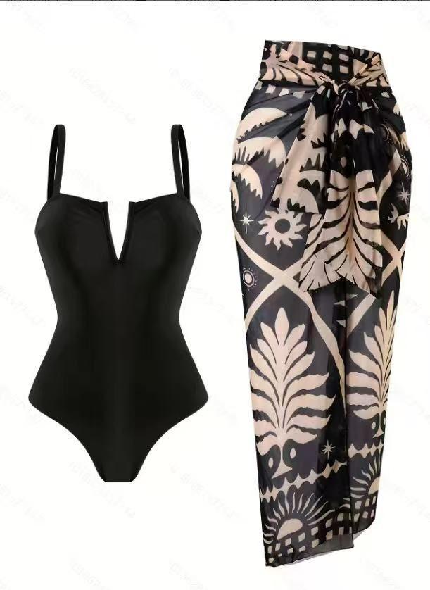 Women's 2-Piece Bathing Suit Set - Cutout Keyhole 1-Piece Swimsuit, Printed Sheer Wrap Sarong Cover Up, Casual Sports & Outdoor Swimwear, One Piece Swimsuits