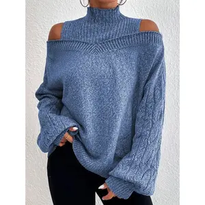 Women’s Neck-Cold-Shoulder Cable-Knit Bell-Sleeve Pullover Trendy Casual Knit Top for Fall/Winter Daily Wear Street Style Fashion Cozy Sweater for Women