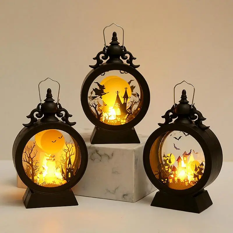 Halloween Lantern Witch Pumpkin LED Light Gothic Vintage Castle Lantern Table Centerpieces Windows Walls Home Party Decorations - 9.5*15cm
