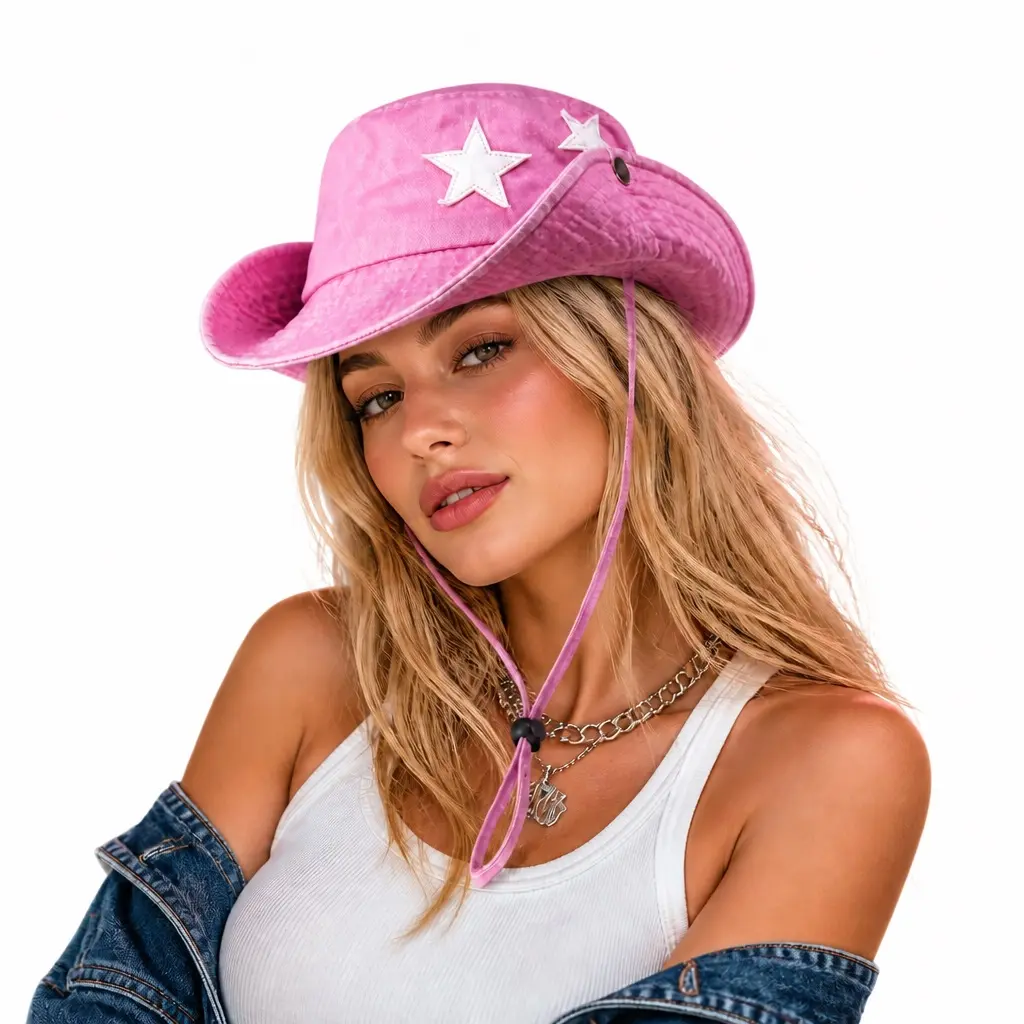 Spring Summer Washed Vintage Western‑Style Bucket Hat, Adjustable Star Pattern Sun Protection Cap for Women, Drawstring Outdoor Hat for Hiking Fishing Travel