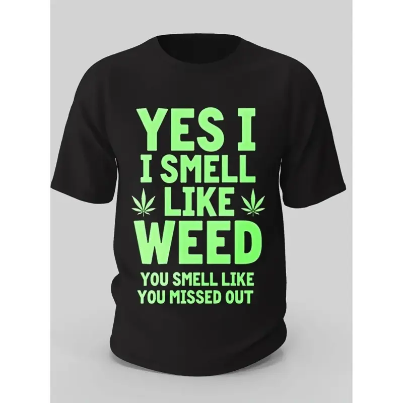 Cotton Yes I Smell Like Weed Men's Graphic T-Shirt Black Neon Green Leaf Design Breathable Crew