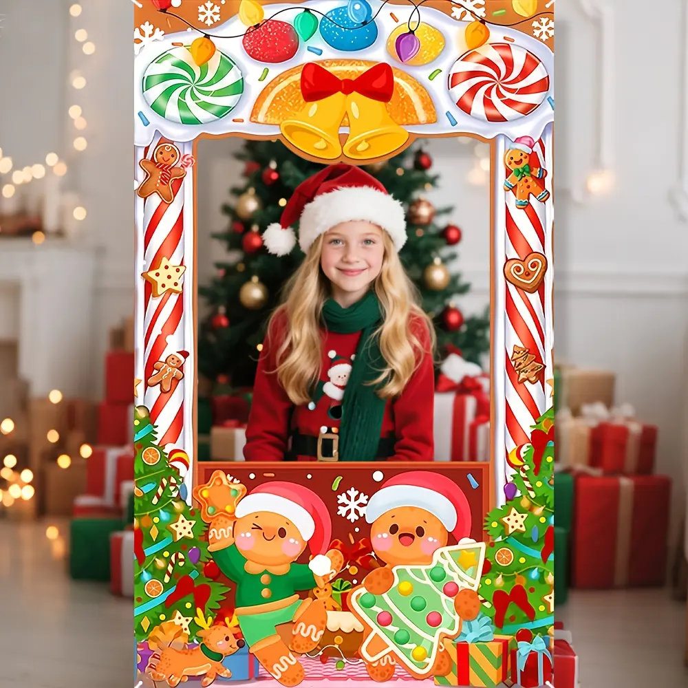 Large Christmas Gingerbread Decoration, Reusable Polyester Fabric, Includes Gingerbread Characters, Candy Jar, Gifts, Snowflakes