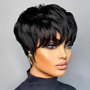 Live Pixixe Cut Short Straight Wig for Black Women Layered Human Hair Wigs With Bangs Natural Black Color