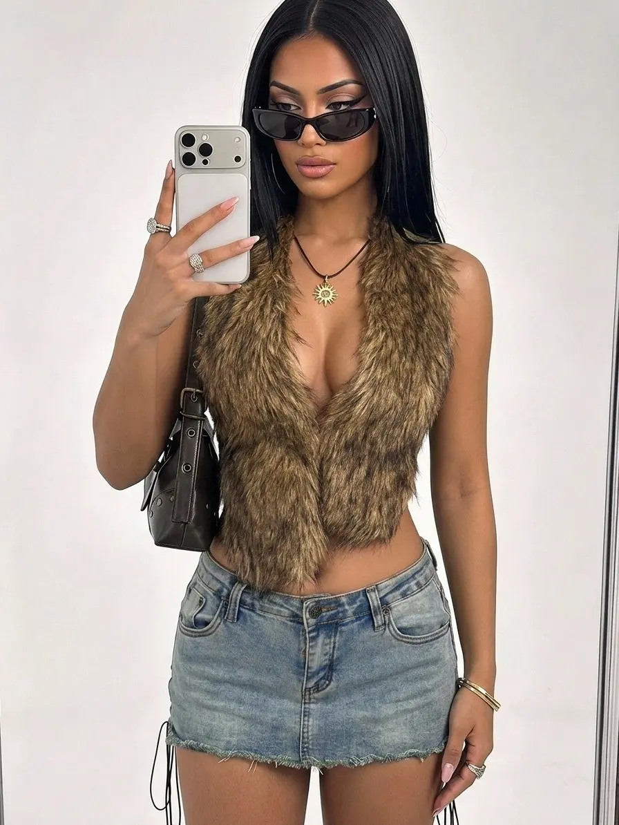 TikTokShopBlackFriday Fuzzy Faux Fur Halter Top Sleeveless Tie Backless Going Out Tops Cowboy Chic Outfits
