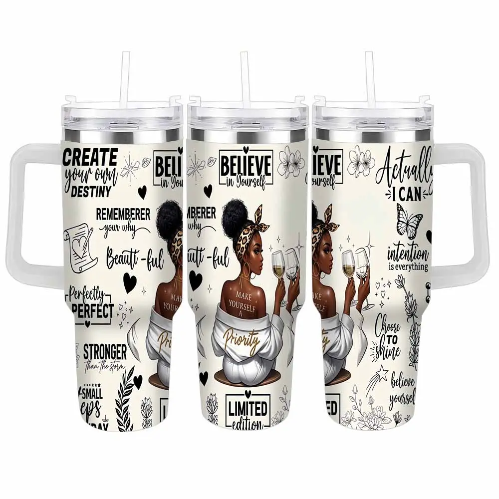 African American Girl Tumbler Cup - 40oz/30oz Stainless Steel Insulated Vacuum Flask, Leopard Print Aesthetic, Inspirational Quotes, Perfect Gift for Best Friend, Kitchenware Drinkware for Daily Hydration