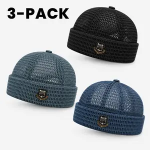 Modern Man's 3-Pack Casual Mesh Short Beanies, Breathable Hollow-Knit Construction, Lightweight Blended Yarns Cuffed Skull Cap with Badge, Summer Thin Fisherman Hat for Daily Outdoor Use