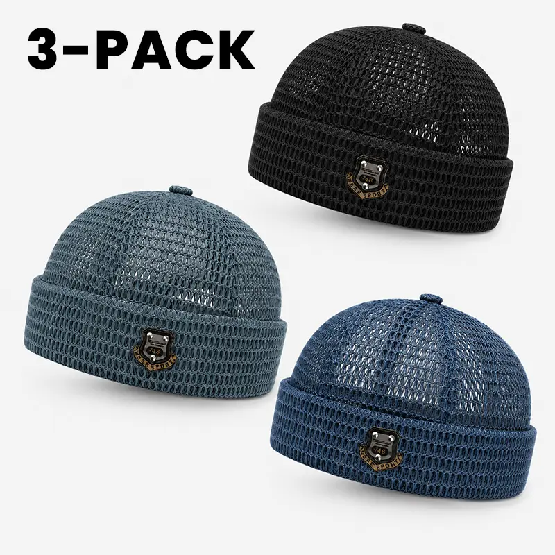 Men's 3-Pack Modern Casual Mesh Short Beanies, Vintage-Inspired Clothes Accessory, Breathable Hollow-Knit, Ultra-Lightweight Feather-Soft Blended Yarns Cuffed Skull Cap with Badge, Summer Thin Fisherman Hat for Gym Daily Outdoor Use