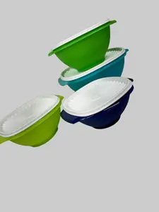 Tupperware Servalier Bowl Set - 3-Piece Nested Bowls with Lids in Green Blue and White for Versatile Food Storage Nostalgic Durable Design