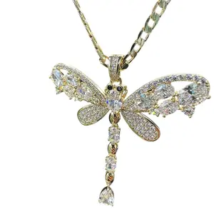Dragonfly Chain 14k Rolled Gold Necklace with Sparkling Crystal Accents and Elegant Design