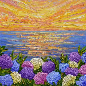 Hydrangeas at Sunset Painting, Acrylics on Canvas 24"x24", Impressionist Impasto Original Floral Wall Art Ready to Hang