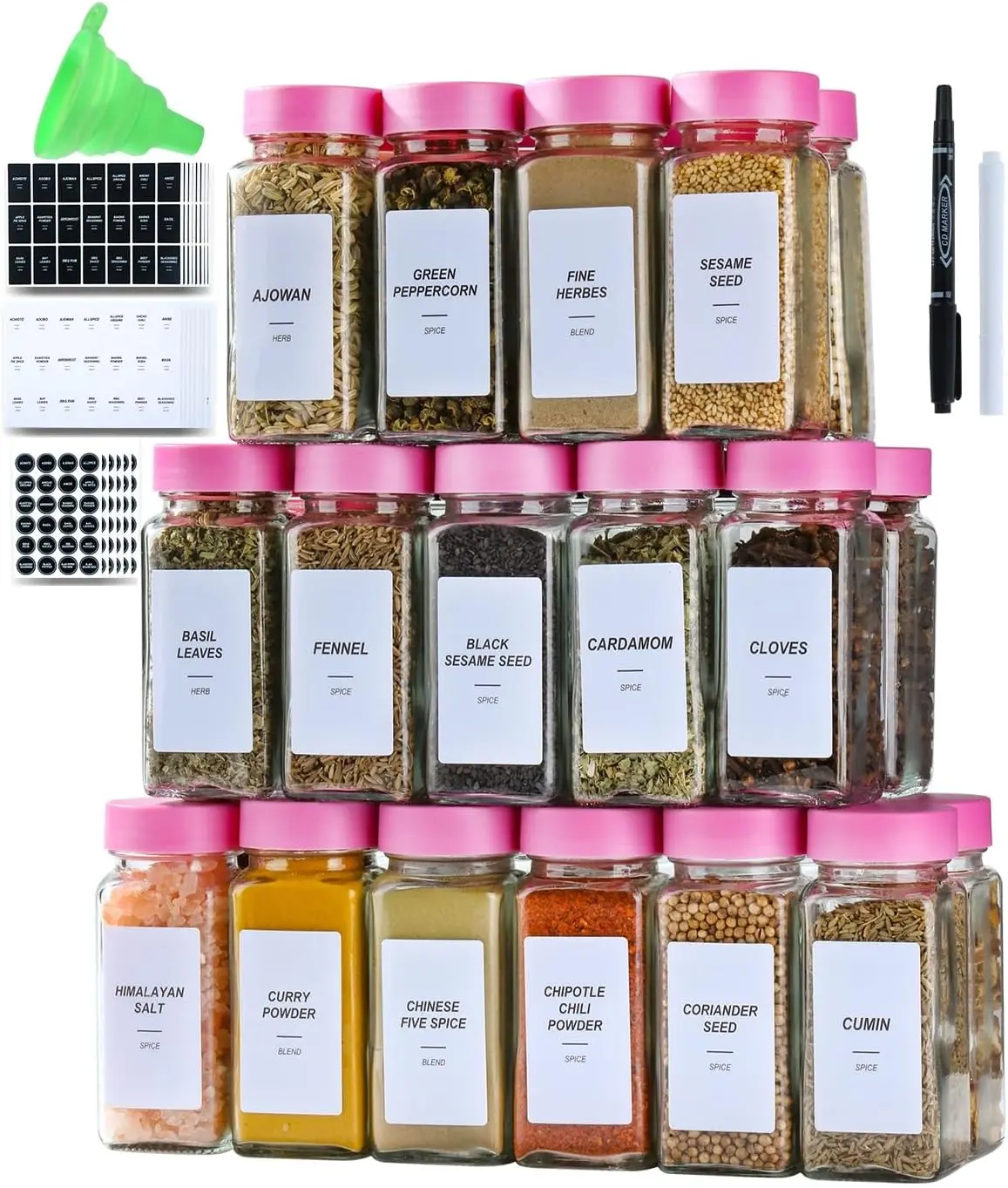 24 Airtight Glass Jars - 4oz Reusable Modern Kitchenware Seasoning Containers with Lids & Shaker Lids, Storage Cabinet Containers, 3 Label Sets, 1 Collapsible Funnel, 2 Erasable Markers for Kitchen Use