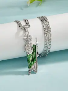 Stylish Saint Jude Pendant Necklace Cuban Link Chain, Copper Plated Platinum Color Religious Jewelry, Unisex Wedding Party Daily Gift