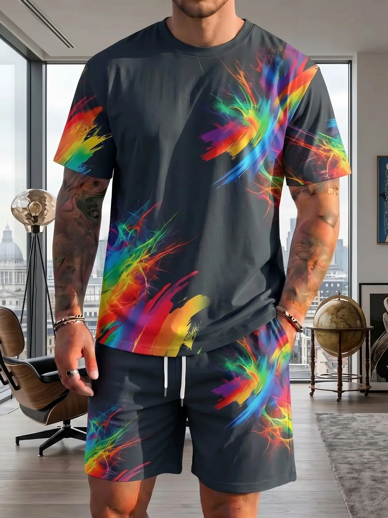 A European-style rainbow-striped colour-block set, featuring a loose-fitting, figure-flattering T-shirt paired with cropped trousers – the perfect outfit to turn heads this summer!