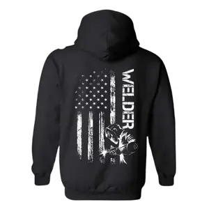 Welder American Flag Hoodie – Patriotic Welding Sweatshirt for Hardworking Men and Women, Perfect Workwear Gift for Blue-Collar Workers and Metal Fabrication Lovers