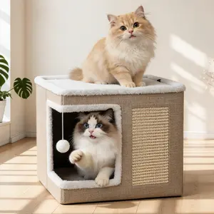 Large Cat Bed for Indoor Cats - Foldable Cat Cave Hideaway with Scratch Pad & Hanging Fluffy Ball, 16.5"x16.5"x14", Ivory