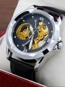 Men's Automatic Mechanical Watch with Cool Prism Case, Unique Hollow Design for Stylish Gift, Business Analog Timepiece for All Seasons Mechanical Style Watches