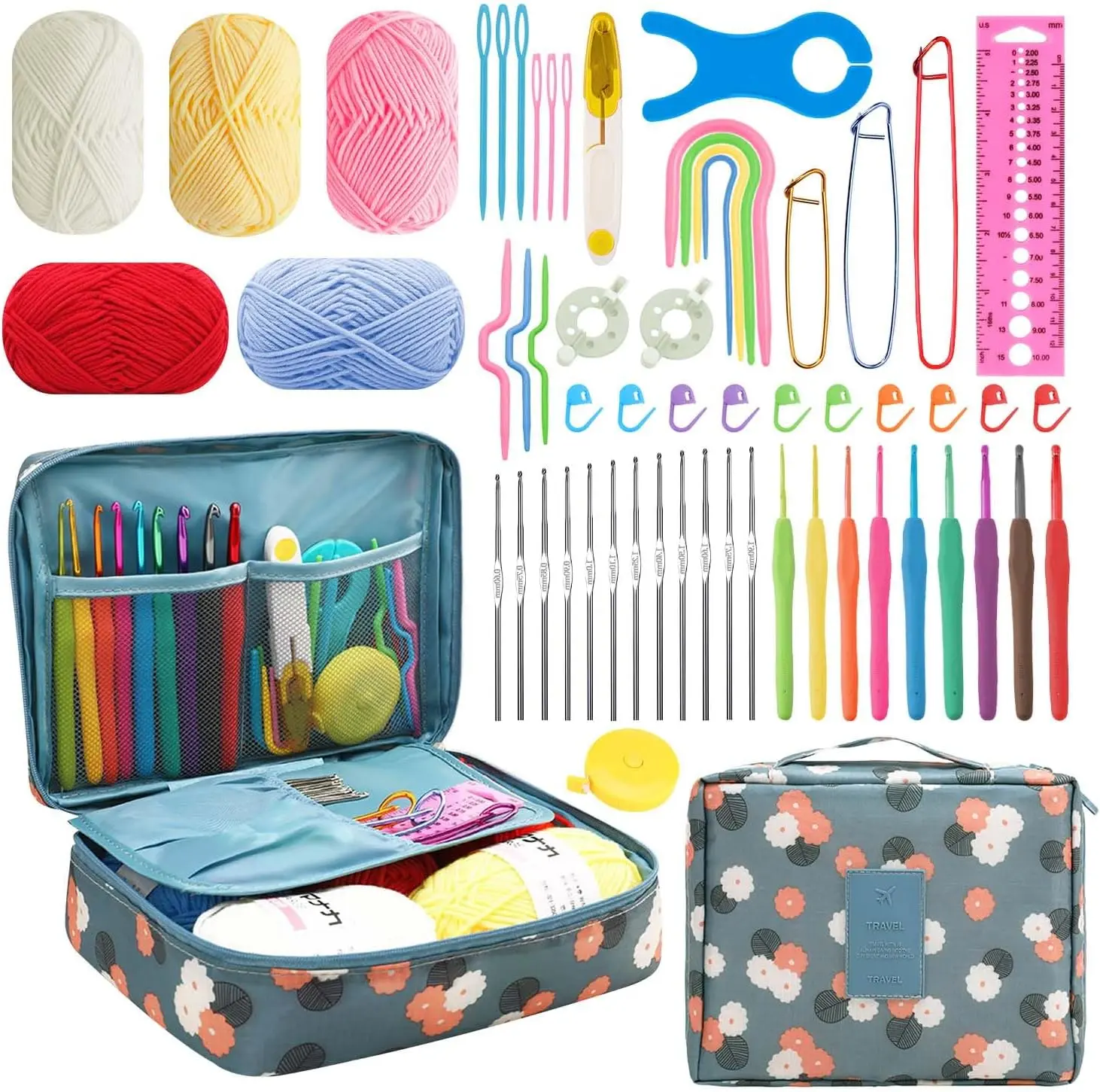 58-Piece Crochet Kit for Beginners – Complete Crochet Hook Set with Yarn, Ergonomic Soft Grip Hooks, Portable DIY Crochet Starter Kit with Knitting & Crocheting Accessories, Blue Flower Storage Case