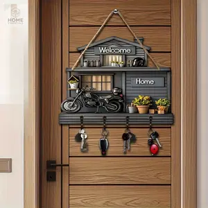 2D Flat Sunflower Cottage Wooden Key Holder 30cm x 12cm with 4 Antique Copper Hooks Wall Decor for Home Porch Room Villa Four-Season Use