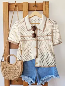 Plus Size Women's Colorblock Lapel Knit Sweater, Geometric Pattern, Hollow Out Design, Spring Summer Casual Fashion, Knitwear, Womenswear