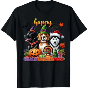 Happy Hallothanksmas Dogs Halloween Thanksgiving Christmas T-Shirt, 100% Cotton, Single Side Printed, Black Short Sleeve T-shirt, 1 pc, Christmas Halloween Thanksgiving Gift