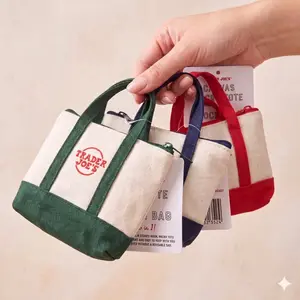 Trader Joe Style Small Tote Bag,2-in-1 Foldable Reusable Shopping Bag, Mini Canvas Tote Zipper Pouch, Portable Easy-to-Store Grocery Market Shoulder Tote, Cute Aesthetic Micro Bag Charm Gift for Women, Travel & Daily Errands