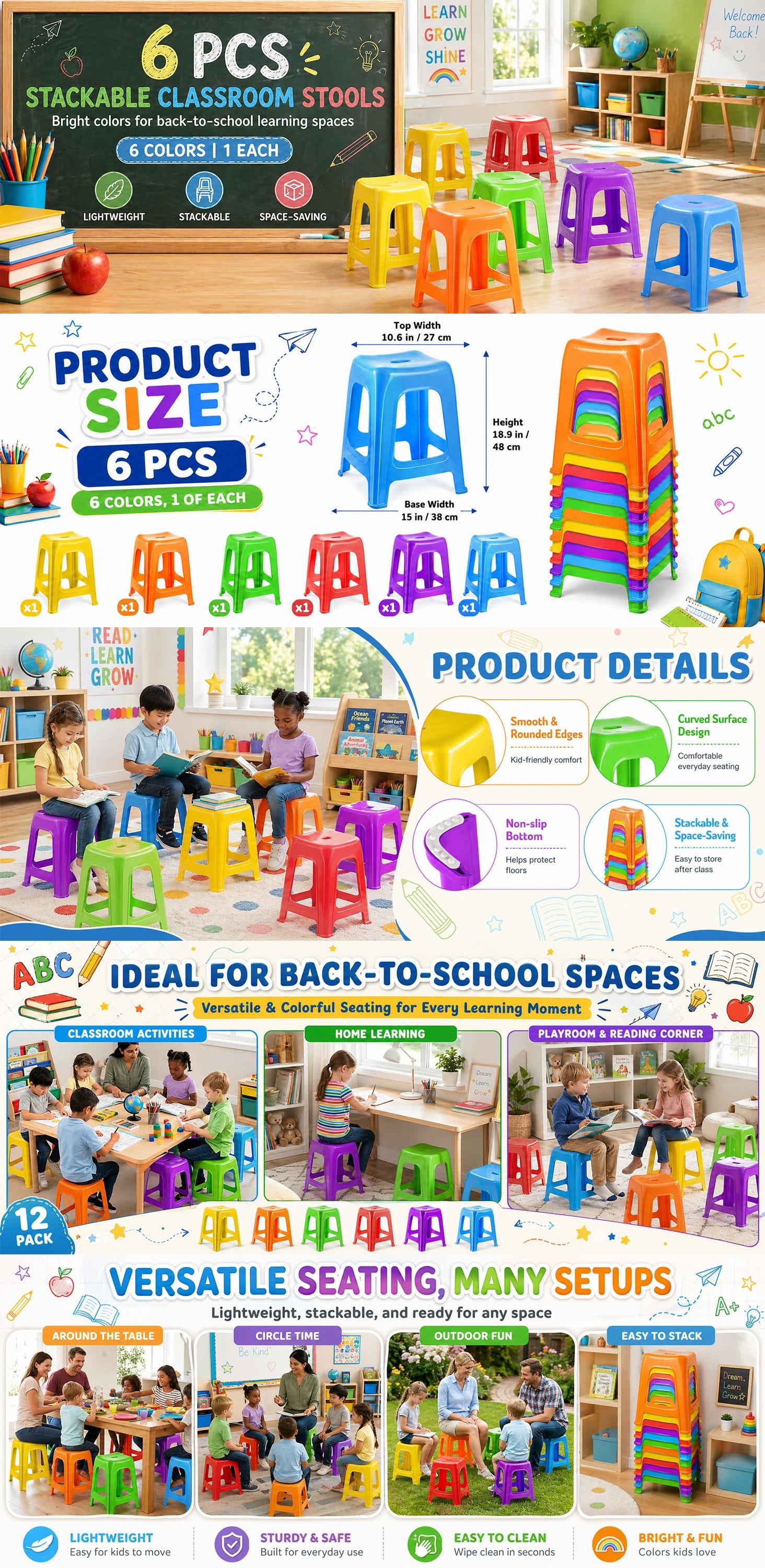 6 Pack Stackable Classroom Stools 18.9 Inch Plastic Nesting Stools Space Saving Portable Backless Bar Stool Flexible Seating Decorative Chairs for Students Home Office School Classroom