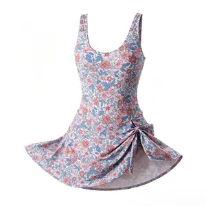 Pink Blue Ditsy Floral One Piece Swim Dress for Women  Tummy Control Modest Swimsuit with Skirt, Knot Side Design, Flattering Bathing Suit for Beach, Pool, Summer Vacation