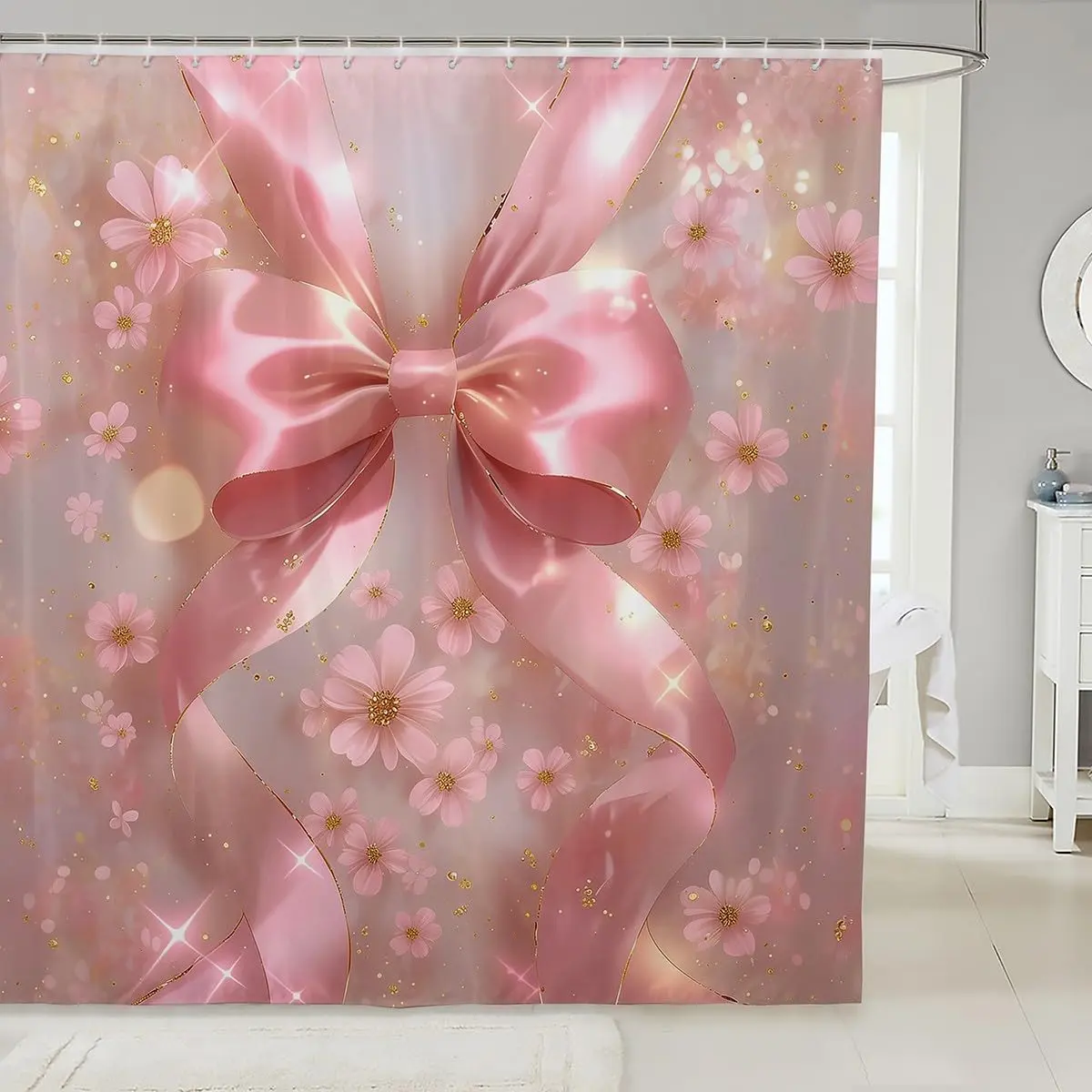 Pink Bow Shower Curtains Pink Flower Bow Bathroom Curtains,Fashion Bowknot Waterproof Bath Curtains Suits for Bathtub,Princess Room Decor