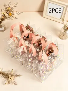 2pcs Clear Daisy Print Tote Bags, Transparent PVC Gift Bags with Handles, Reusable Waterproof Handbags Party Favor for Weddings, Parties, Shopping