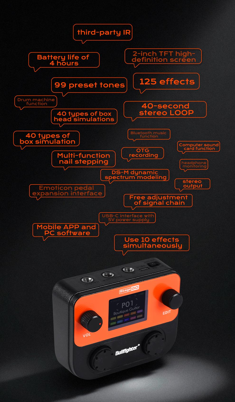 Bullfighter StageGO Digital Pocket Multi-Effects Pedal – Portable Guitar/Bass Processor with Built-in Battery, Bluetooth APP, USB Audio, 40+ Effects (Distortion/Delay/Reverb/Chorus) – Perfect for Beginners, Practice & Small Gigs