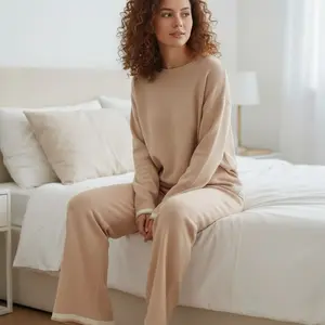 omen's Sweater Set - Casual Longsleeve Knit Crewneck Top & Elastic Waist Wide-Leg Pants - Soft Nylon Material, Stretchy, High-Quality, Sporty & Elegant Two-Piece Outfit