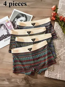 Men's High-End Briefs Set, Ethnic Print Vintage Design, Comfortable Breathable Fashion Shorts, Seamless Waistband, Moisture-Wicking Underwear