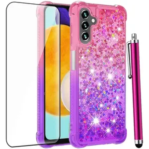 Galaxy A14 5G Case with Tempered Glass Screen Protector, Soft TPU Cover,  & Purple, Glitter Bling, Women's Protective Phone Case