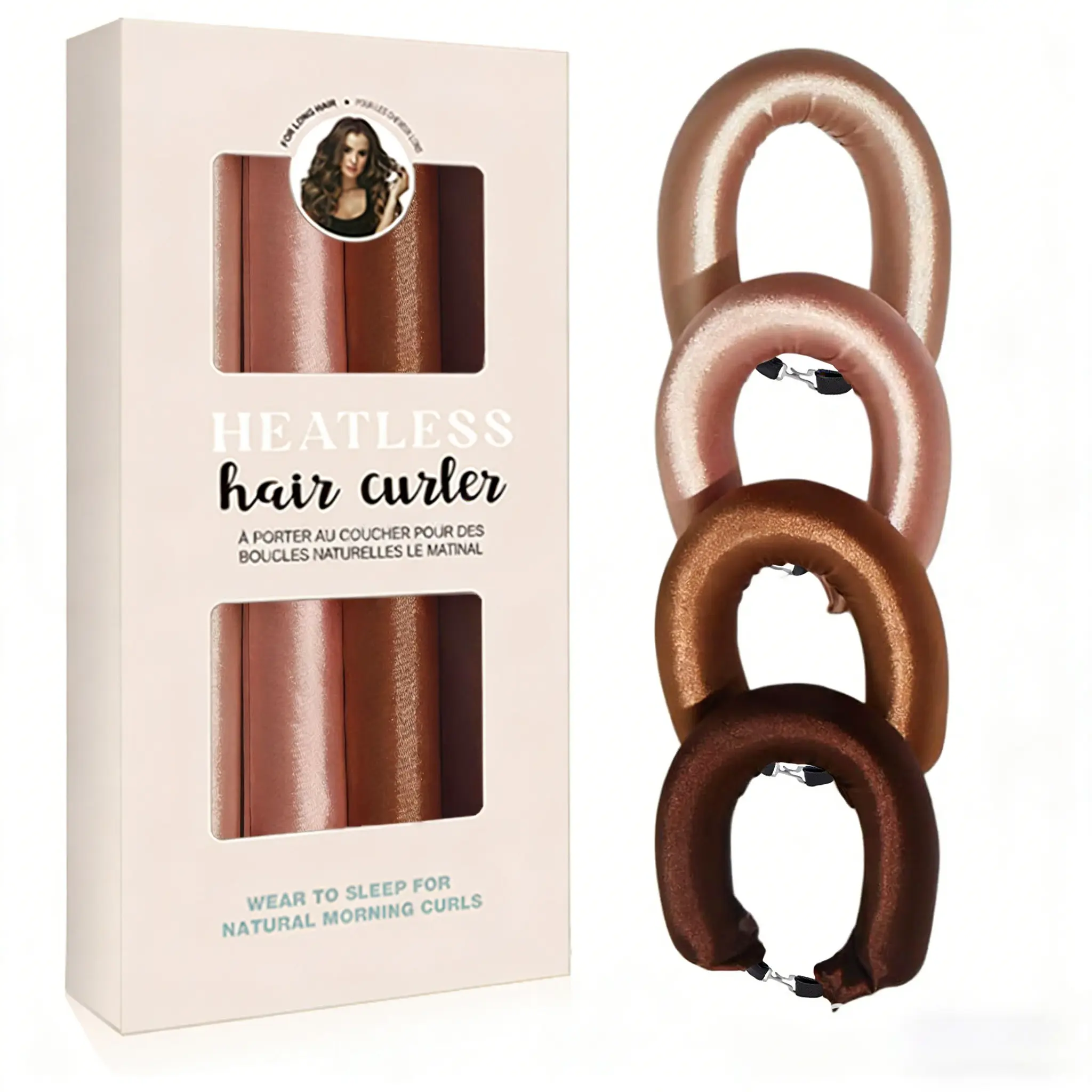 Vegan Satin Heatless Curlers - 4pcs Jumbo Flexi Rods, Rosewood OEKO-TEX Certified, Overnight Styling Tool for All Hair Types