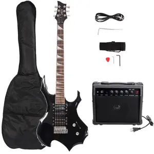 Flower Dance Flame Shaped Electric Guitar with 20W Electric Guitar Sound HSH Pickup Novice Guitar Audio Bag Strap Picks Shake Cable Wrench Tool Black Last Chance for Summer Labor Day Weekend