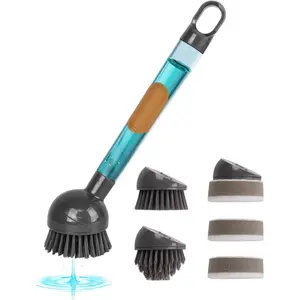 Soap Dispensing Dish Brush Storage Set with 360° Rotating Head, Kitchen Cleaning Brush Set with 2 Different Brush Heads & 3 Sponges, Dish Brush with Handle for Cleaning Dishes Sink Pans Pots