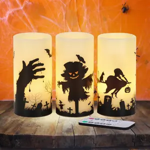 Halloween LED Flameless Flickering Candles with Remote and Timer, 3 Pcs Real Wax Pillar Battery Operated Candle Sticks with Ghost Hands/Scarecrow/Sorceress Decals Decoration for Halloween