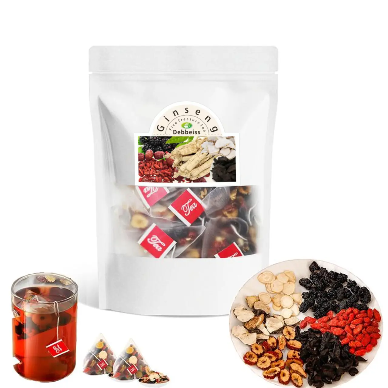 Ginseng 5-Treasure Kidney Tea Bags, Organic NaturalHerbal Wellness Tea Blend for Men & Women, TraditionalChinese Kidney Cleanse Beverage, 3-5 Mins Steep, Ginseng, Red Date & Mulberry Formula