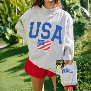MULLVEIG Women's Light Grey Crew Neck Reversible USA/America Graphic Oversized Sweatshirt 4th of July Independence Day Two-Way Wear Casual Pullover