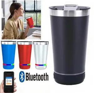 2-in-1 Intelligent Beer Tumbler with Bluetooth Audio, Journey Mug for Outside Gatherings, 16oz Stainless Steel Coffee Tumbler with RGB Mood Lighting, Ideal Presents for Men Women Portable Sound Cup