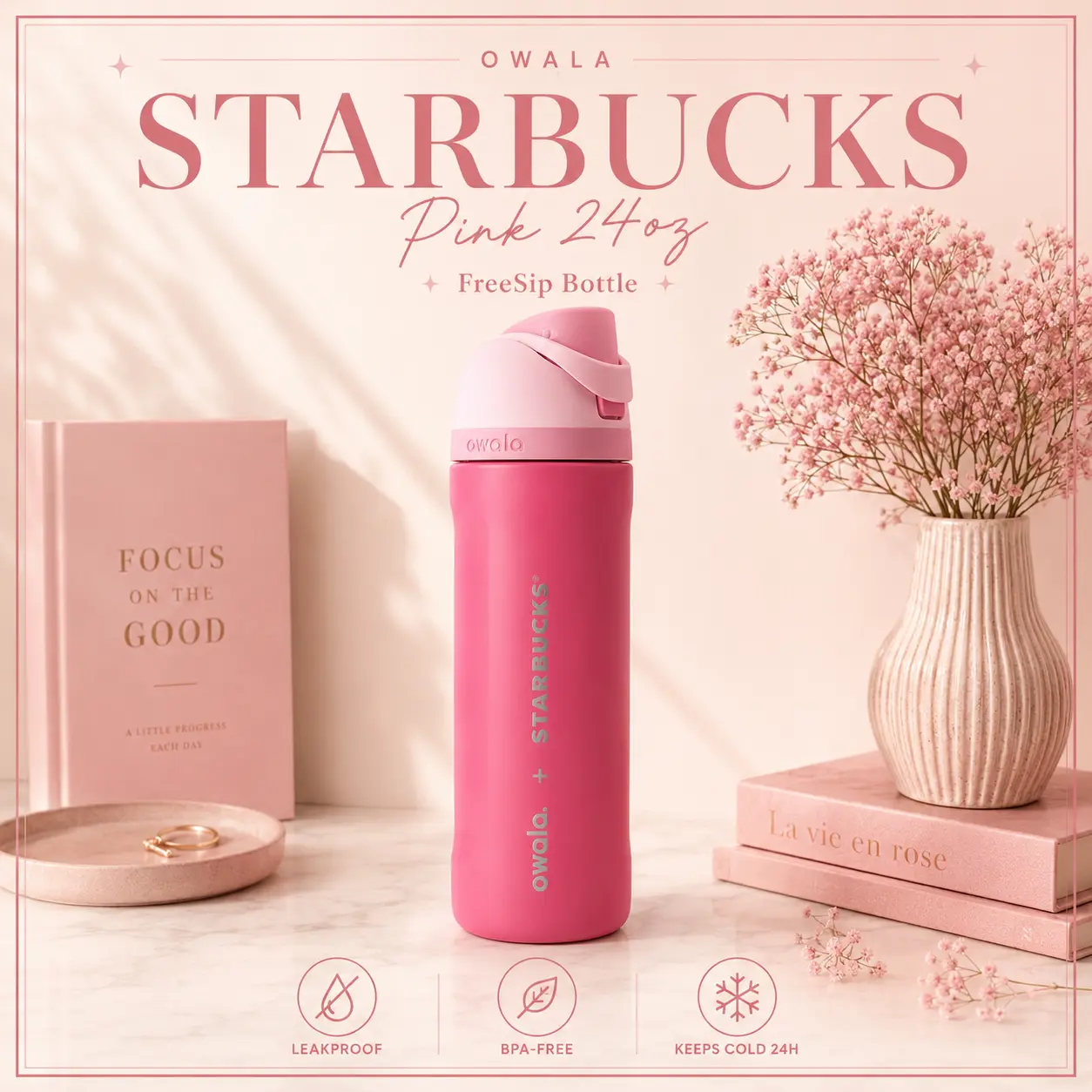 Owala x Starbucks Pink FreeSip 24oz Water Bottle Leakproof Insulated Stainless Steel Travel Bottle Limited Edition Gift