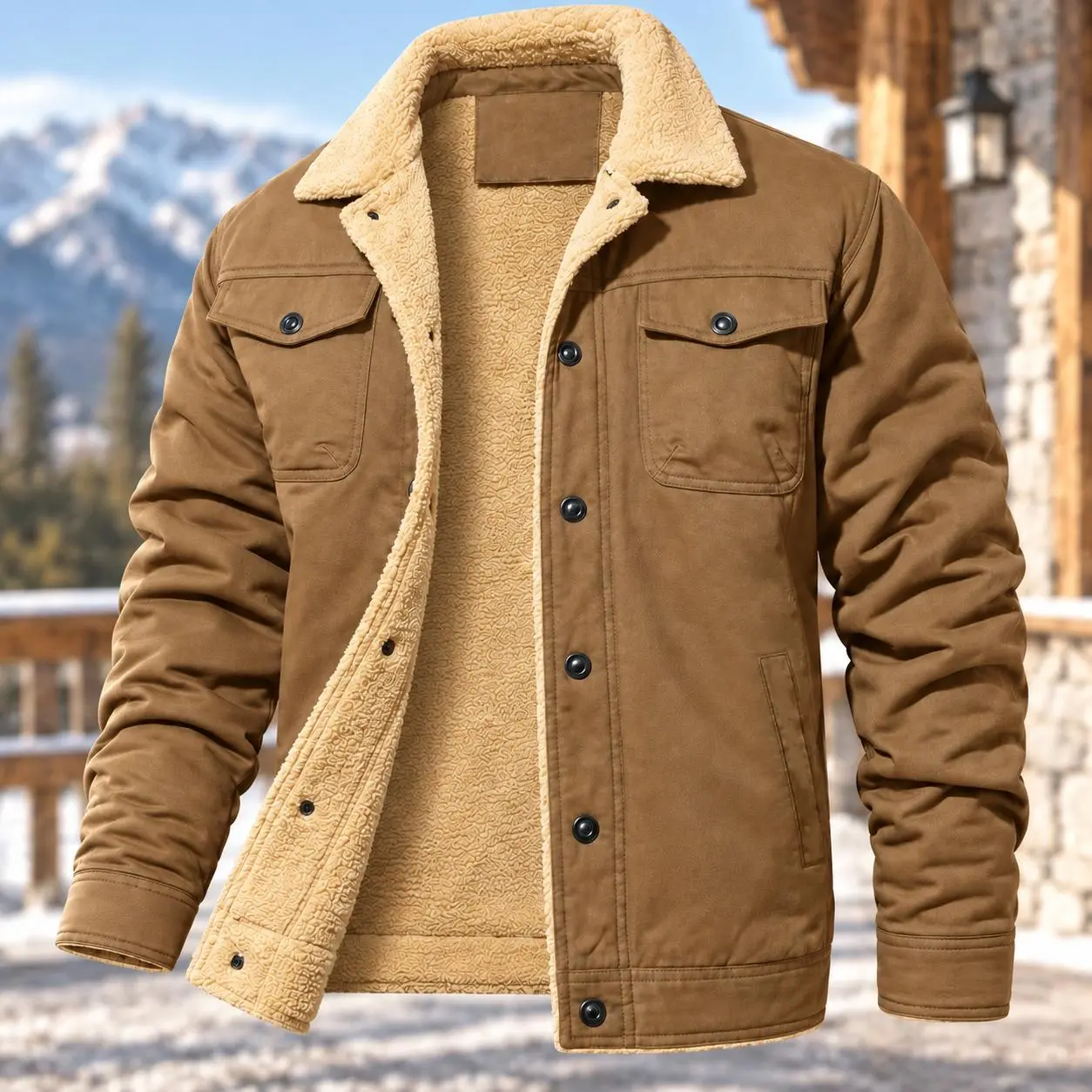Men’s sherpa-lined soft fabric long-sleeve winter trucker cargo jacket, warm multi-pocket collared cotton fleece coats, casual outdoor menswear tops windbreaker jacket