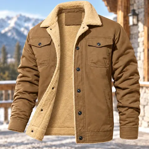 Men’s sherpa-lined soft fabric long-sleeve winter trucker cargo jacket, warm multi-pocket collared cotton fleece coats, casual outdoor menswear tops windbreaker jacket
