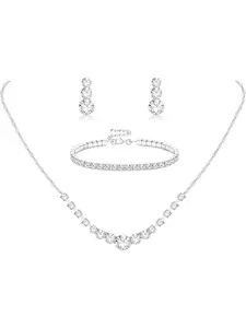 Silver Plated Jewelry Set for Women Rhinestone Crystal Necklace Drop Earrings Link Bangle Bracelet Bridal Wedding Jewelry Sets for Brides Bridemaid Prom Costume Accessories