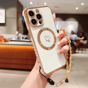 Side Electroplated Hollow Dual Heart Magnetic Phone Case, Wireless Charging Support, Detachable Wrist Strap, Fits iPhone 12/13/14/15/16/17 Pro/max/plus